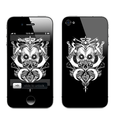 Наклейка на Телефон Apple iPhone 4S, 4 Черепокот первый,  купить в Москве – интернет-магазин Allskins, черно-белое, оккультизм, узор, абстракция, графика, хоррор, череп, кошка