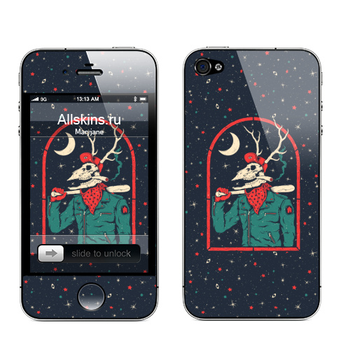 Наклейка на Телефон Apple iPhone 4S, 4 Рогатый патруль,  купить в Москве – интернет-магазин Allskins, луна, красный, веселый, ночной, ночь, череп, рогатый, олень