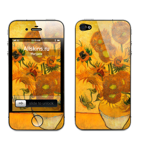 Наклейка на Телефон Apple iPhone 4S, 4 Подсолнухи. Ван Гог,  купить в Москве – интернет-магазин Allskins, жизнерадостный, радость, искусства, художественный, постимпрессионизм, живопись, натюрморт, подсолнухиВанГог, цветы, желтый, живописный, Ван Гог, подсолнухи, плакат