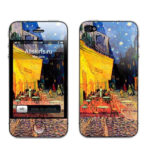 Наклейка на Телефон Apple iPhone 4S, 4 Ночная террасса кафе. Ван Гог,  купить в Москве – интернет-магазин Allskins, позитив, жизнерадостный, Ночнаятеррасса, Ван Гог, живописный, желтый, синий, красный, живопись, художник, художественный, мазки, кафе, ночь, плакат
