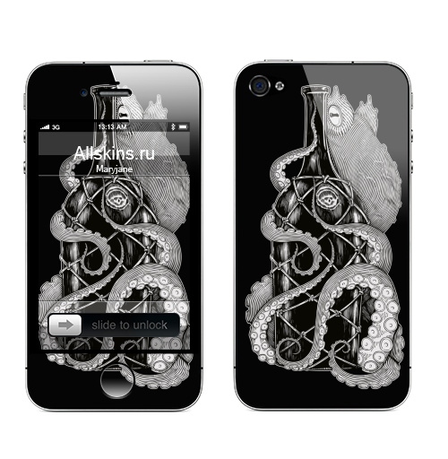 Наклейка на Телефон Apple iPhone 4S, 4 Алкоголик-водолаз,  купить в Москве – интернет-магазин Allskins, черно-белое, осьминог, животные, графика, алкоголь