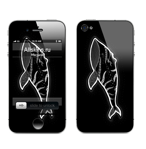 Наклейка на Телефон Apple iPhone 4S, 4 Кит с рожками,  купить в Москве – интернет-магазин Allskins, животные, этно, зентангл, дзен, дотворк, киты, морская, рожки