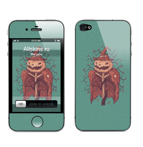 Наклейка на Телефон Apple iPhone 4S, 4 Пугало,  купить в Москве – интернет-магазин Allskins, хэллоуин, тыква, деревья, листья, осень, ретро, персонажи, оранжевый