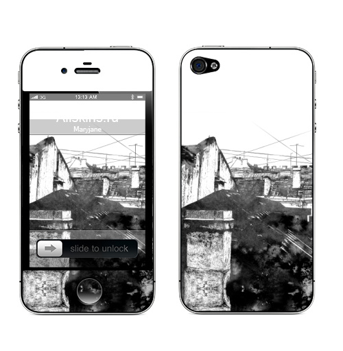 Наклейка на Телефон Apple iPhone 4S, 4 Туманный город,  купить в Москве – интернет-магазин Allskins, черно-белое, город, городскойстиль, серый, сером, графика, Питер