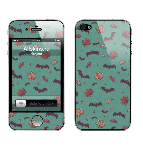 Наклейка на Телефон Apple iPhone 4S, 4 Паттерн с летучими мышами,  купить в Москве – интернет-магазин Allskins, мышь, осень, мультяшная, зеленый, листья, хэллоуин, животные, паттерн, летучая