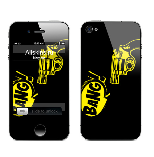 Наклейка на Телефон Apple iPhone 4S, 4 Bang!,  купить в Москве – интернет-магазин Allskins, комиксы, боевик, взрыв, оружие, стрельба, военные, мужик, надписи на английском, надписи, 300 Лучших работ