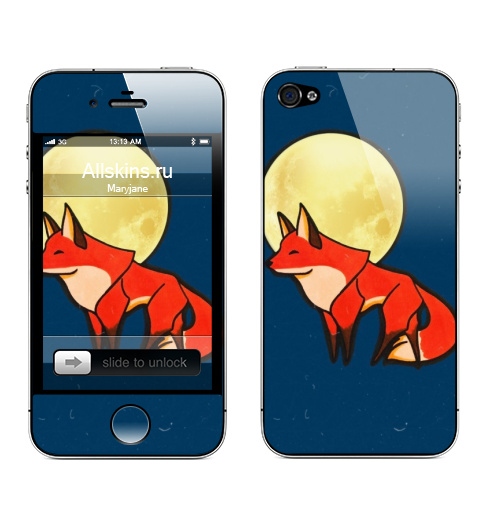 Наклейка на Телефон Apple iPhone 4S, 4 Лиса и луна,  купить в Москве – интернет-магазин Allskins, лиса, рыжая, fox, orange, луна, ночь
