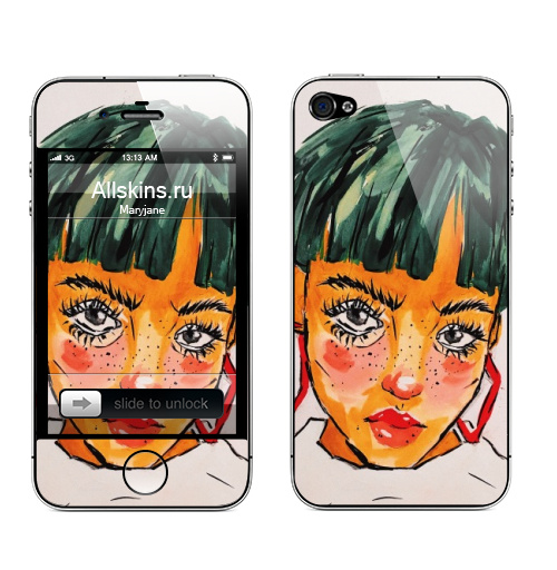 Наклейка на Телефон Apple iPhone 4S, 4 Цирковая девочка,  купить в Москве – интернет-магазин Allskins, черныевоосы, глаз, зеленый, желтый, губы, экзотика, чернокожий, Черныеволосы, кудряшки