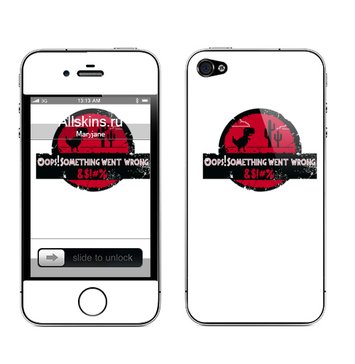 Наклейка на Телефон Apple iPhone 4S, 4 Dinosaur error,  купить в Москве – интернет-магазин Allskins, пиксель арт, фанарт, Ooups, error, прикол, jurassicpark, динозавры, funart, гики