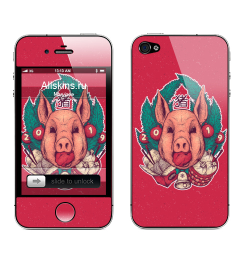 Наклейка на Телефон Apple iPhone 4S, 4 Новогодняя свинья,  купить в Москве – интернет-магазин Allskins, смешной, Япония, Китай, еда, отдых, выходные, новый год, животные, свинья
