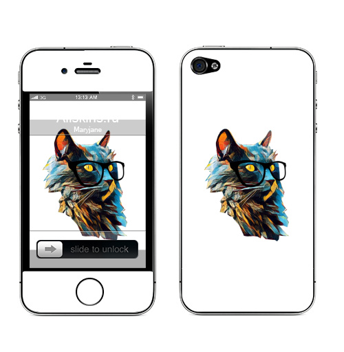 Наклейка на Телефон Apple iPhone 4S, 4 Синий кот в очках,  купить в Москве – интернет-магазин Allskins, животные, млекопитающее, кошка, котята, шерсть, мягкий, очки, желтый, глаз, усы