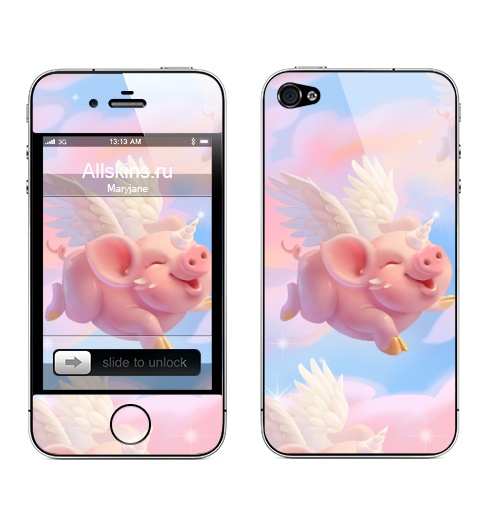 Наклейка на Телефон Apple iPhone 4S, 4 Крылатая хрюшка,  купить в Москве – интернет-магазин Allskins, единорог, мило, животные, Крылья, хрюшка, новый год, свинья