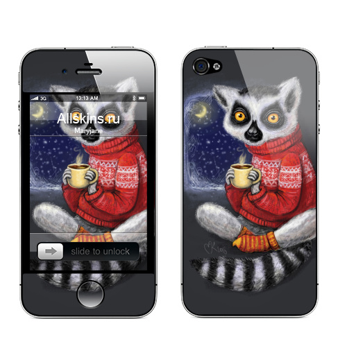 Наклейка на Телефон Apple iPhone 4S, 4 Уютный лемур,  купить в Москве – интернет-магазин Allskins, милые животные, теплый, мило, животные, новый год, ночь, какао, уютно, зима, свитер, лемур