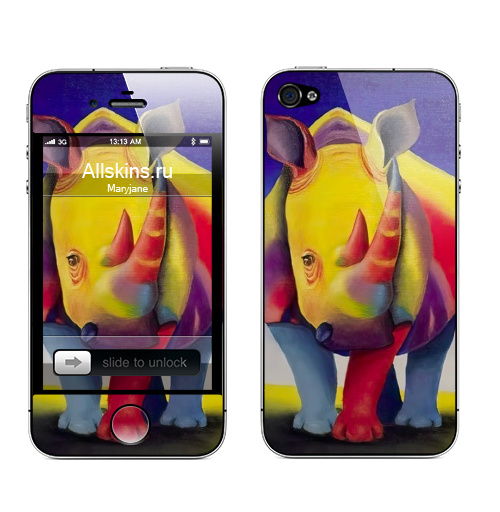 Наклейка на Телефон Apple iPhone 4S, 4 Веселый Носорог,  купить в Москве – интернет-магазин Allskins, животные, абстракция, оригинальная, носорог, африка, рог, разноцветное, желтый, синий, кожа, надписи