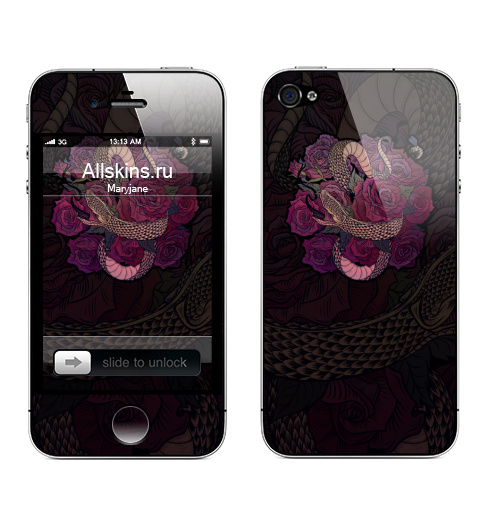 Наклейка на Телефон Apple iPhone 4S, 4 Змеевич,  купить в Москве – интернет-магазин Allskins, змея, олдскулл, розы, цветы, мужские, готика