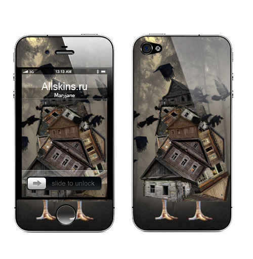 Наклейка на Телефон Apple iPhone 4S, 4 Домик курочка,  купить в Москве – интернет-магазин Allskins, дом, курица, бабушка, ворона, лес, Темная, черный, серый, ногти, сказака