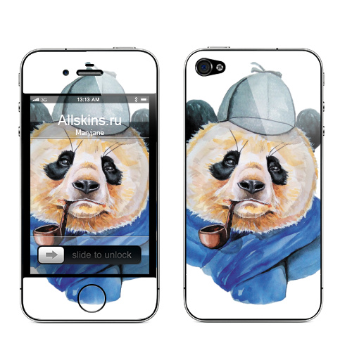 Наклейка на Телефон Apple iPhone 4S, 4 Шерлок Панда Холмс,  купить в Москве – интернет-магазин Allskins, крутые животные, панда, панды, трубка, шляпа, животные, милые животные