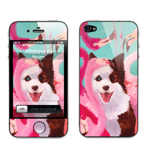 Наклейка на Телефон Apple iPhone 4S, 4 Фламинго и собака,  купить в Москве – интернет-магазин Allskins, розовый, птицы, фламинго, собаки, животные