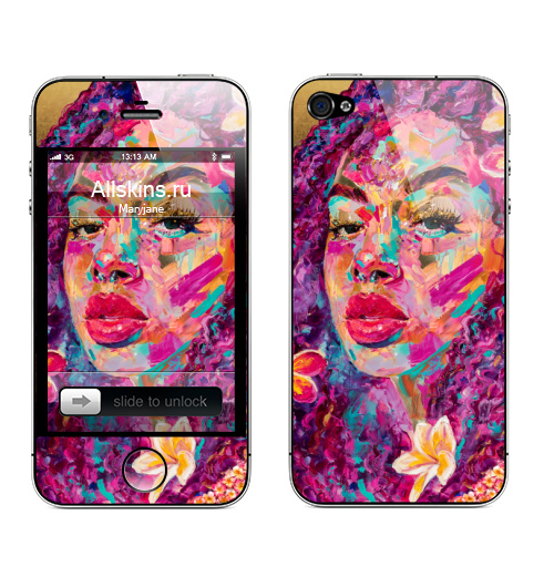 Наклейка на Телефон Apple iPhone 4S, 4 Пурпурная Плюмерия,  купить в Москве – интернет-магазин Allskins, девушка, цветы, нежно, красота, плакат, образ, глаз, Париж, плюмерия