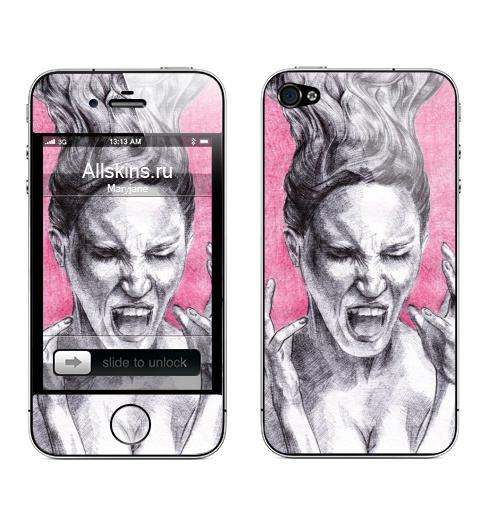 Наклейка на Телефон Apple iPhone 4S, 4 Крик ярости,  купить в Москве – интернет-магазин Allskins, скетч, графика, ярость, гнев, девушка, крик