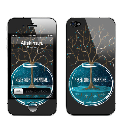 Наклейка на Телефон Apple iPhone 4S, 4 Не переставай мечтать,  купить в Москве – интернет-магазин Allskins, мечта, синий, бирюзовый, космос, деревья, рыба, вода, гики, растр, галактика