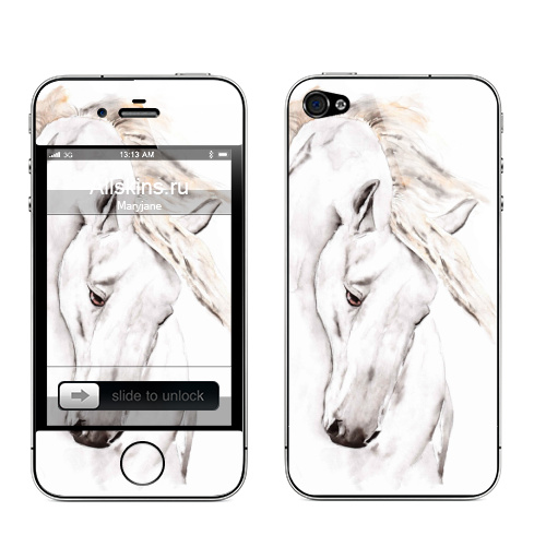 Наклейка на Телефон Apple iPhone 4S, 4 Белая лошадь,  купить в Москве – интернет-магазин Allskins, животные, акварель, лошадь, белый, грива, синий