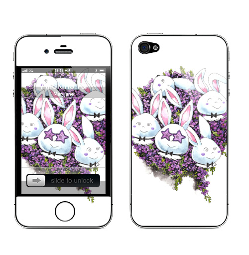Наклейка на Телефон Apple iPhone 4S, 4 Позитивные зайчики,  купить в Москве – интернет-магазин Allskins, милые животные, акварель, животные, прикольные_рисунки, цветы, букет, заяц, зайчонок, рокнролл, фиолетовый