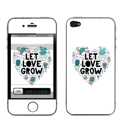 Наклейка на Телефон Apple iPhone 4S, 4 Пусть любовь растет,  купить в Москве – интернет-магазин Allskins, типографика, розовый, сердце, суккулент, кактусы, любовь
