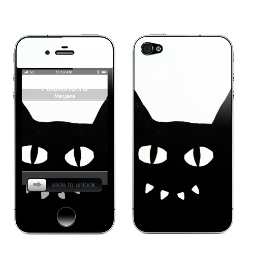 Наклейка на Телефон Apple iPhone 4S, 4 Черный кот на белом.,  купить в Москве – интернет-магазин Allskins, черно-белое, животные, черный, черныйкот, улыбка, кошка, Глазищи