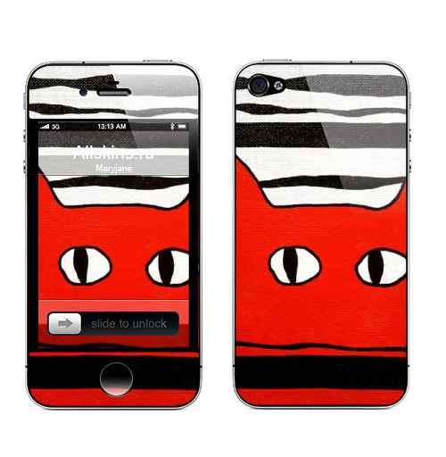 Наклейка на Телефон Apple iPhone 4S, 4 Красный кот,  купить в Москве – интернет-магазин Allskins, полосы, полоски, красный, полосатый, кошка, животные