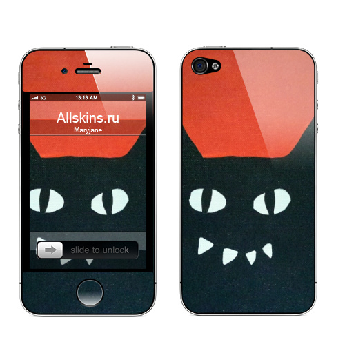 Наклейка на Телефон Apple iPhone 4S, 4 Черный кот на красном.,  купить в Москве – интернет-магазин Allskins, кошка, животные, Красночерный, черный, черныйкот, красный, Глазищи, зубастый