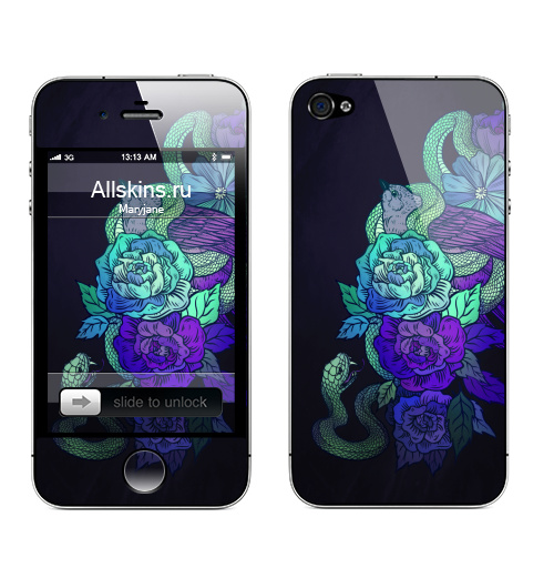 Наклейка на Телефон Apple iPhone 4S, 4 Воскресный завтрак,  купить в Москве – интернет-магазин Allskins, змея, птицы, цветы, черныйфон, синий, зеленый, природа