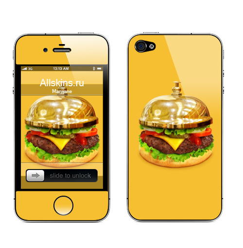 Наклейка на Телефон Apple iPhone 4S, 4 Бургер зовет,  купить в Москве – интернет-магазин Allskins, желтый, сюрреализм, поп-арт, еда, Бургер, звонок, Вызов, отель, ресторан, бар