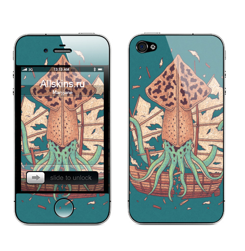 Наклейка на Телефон Apple iPhone 4S, 4 Большой и злой кальмар,  купить в Москве – интернет-магазин Allskins, кальмар, ктулху, кракен, корабль, морская, монстры, ретро, рыба