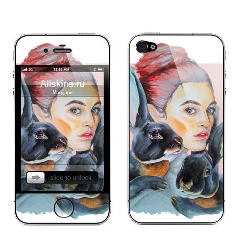 Наклейка на Телефон Apple iPhone 4S, 4 Тотем кролики,  купить в Москве – интернет-магазин Allskins, девушка, акварель, глаз, Тотемы, кролики, розовый, хитрый, животные