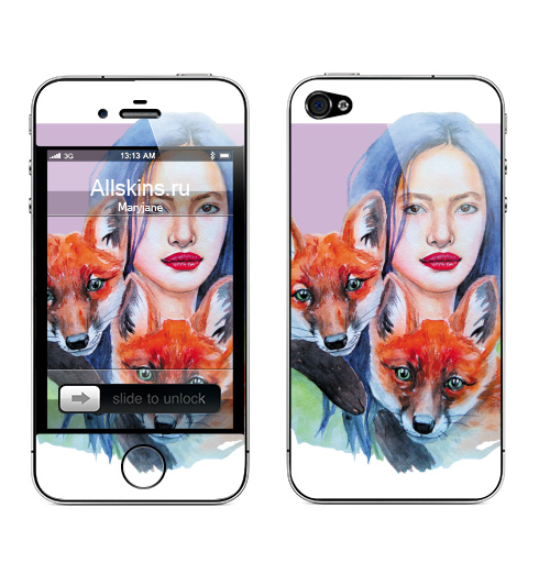 Наклейка на Телефон Apple iPhone 4S, 4 Тотем лисы,  купить в Москве – интернет-магазин Allskins, Тотемы, девушка, животные, красота, акварель, лиса, лисы, рыжая