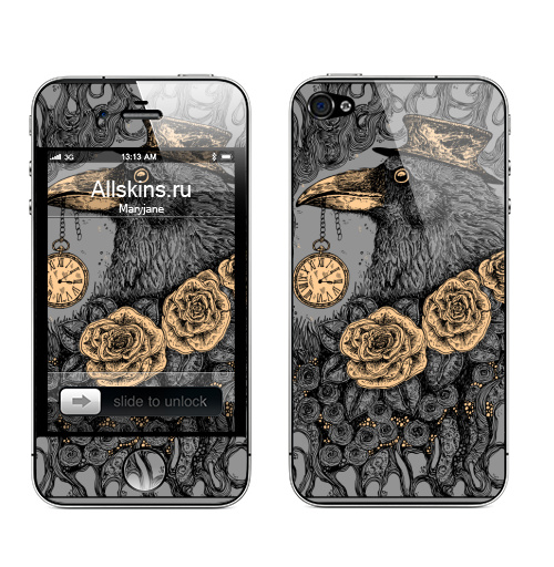 Наклейка на Телефон Apple iPhone 4S, 4 Ворон часовщик,  купить в Москве – интернет-магазин Allskins, искусство, ворона, время, стимпанк, золото, ретро