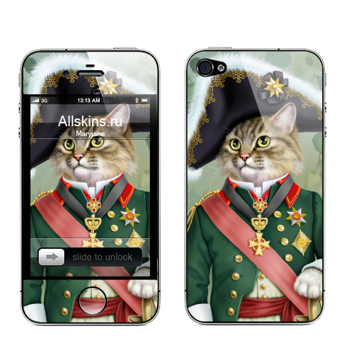 Наклейка на Телефон Apple iPhone 4S, 4 Кот-полководец,  купить в Москве – интернет-магазин Allskins, костюм, ретро, кошка, полководец