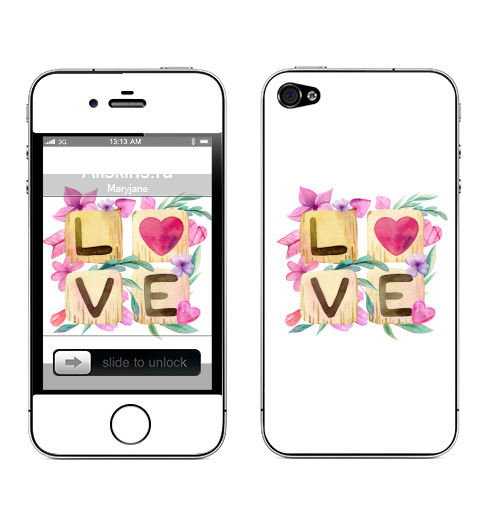 Наклейка на Телефон Apple iPhone 4S, 4 Любовь в квадрате,  купить в Москве – интернет-магазин Allskins, иллюстация, акварель, розовый, охра, сердце, любовь, день_святого_валентина
