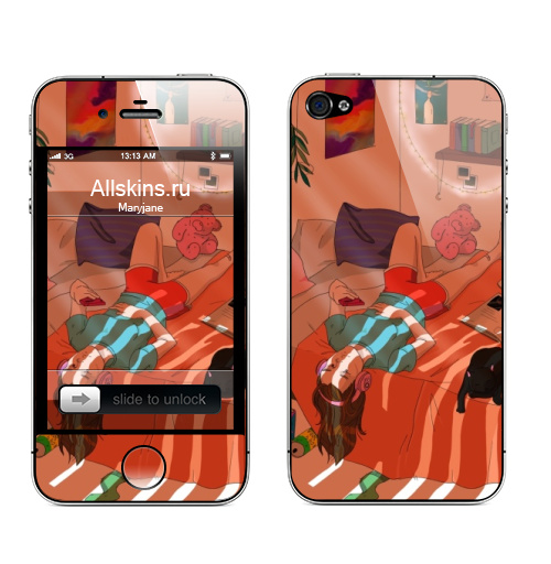 Наклейка на Телефон Apple iPhone 4S, 4 Комната,  купить в Москве – интернет-магазин Allskins, лето, оранжевый, кошка, молота, мило, уют, искусство, иллюстация, гирлянда, светлый, девушка