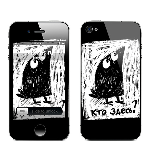 Наклейка на Телефон Apple iPhone 4S, 4 Кто здесь?,  купить в Москве – интернет-магазин Allskins, надписи, белый, ворона, черно-белое, черный, прикольные надписи, 300 Лучших работ
