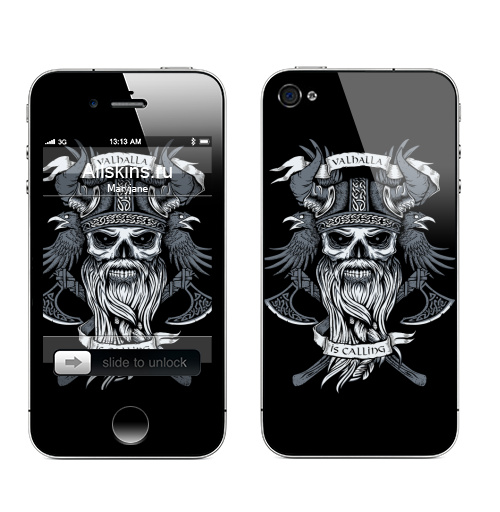 Наклейка на Телефон Apple iPhone 4S, 4 Зов Вальхаллы,  купить в Москве – интернет-магазин Allskins, Викинг, череп, воины, металл, черное и белое, рогатый