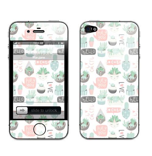 Наклейка на Телефон Apple iPhone 4S, 4 Кактусы - это любовь,  купить в Москве – интернет-магазин Allskins, мило, уют, дом, растение, суккулент, любовь, паттерн, кактусы