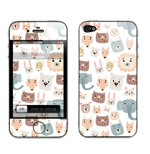 Наклейка на Телефон Apple iPhone 4S, 4 Зверята,  купить в Москве – интернет-магазин Allskins, лев, слоны, собаки, енот, медведь, детские, питбуль, заяц