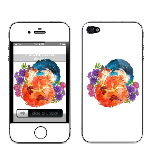 Наклейка на Телефон Apple iPhone 4S, 4 Мечтательный лис,  купить в Москве – интернет-магазин Allskins, лиса, космос, цветы, огонь, мечта