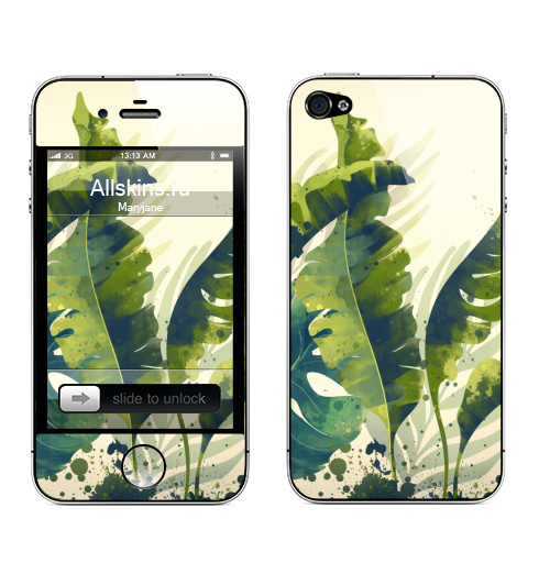 Наклейка на Телефон Apple iPhone 4S, 4 Ветки пальм,  купить в Москве – интернет-магазин Allskins, пальма, ветка, рисунки, акварель, природа, экзотика, тропики, зеленый, брызги