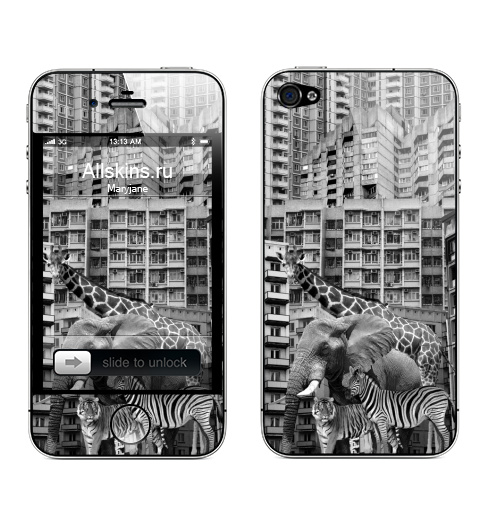 Наклейка на Телефон Apple iPhone 4S, 4 Гетто в саванне,  купить в Москве – интернет-магазин Allskins, коллаж, гетто, Саванна, зверушки, слоны, жираф, зебра, черно-белое