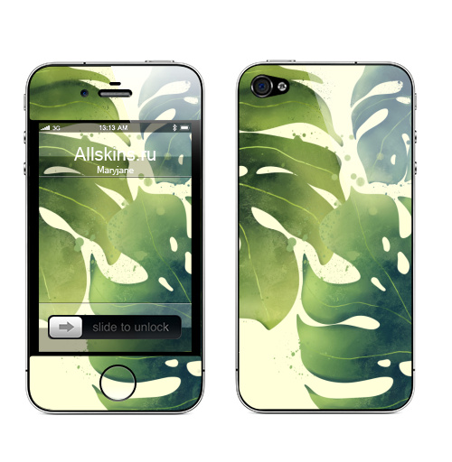Наклейка на Телефон Apple iPhone 4S, 4 Три листа пальмы,  купить в Москве – интернет-магазин Allskins, пальма, лето, тропики, джунгли, рисунки, плакат, брызги, зеленые, природа, лес