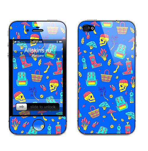 Наклейка на Телефон Apple iPhone 4S, 4 Кислотно-лесной паттерн,  купить в Москве – интернет-магазин Allskins, грибы, череп, путешествия, кислотная, иллюстация, паттерн, синий, лес, смешной