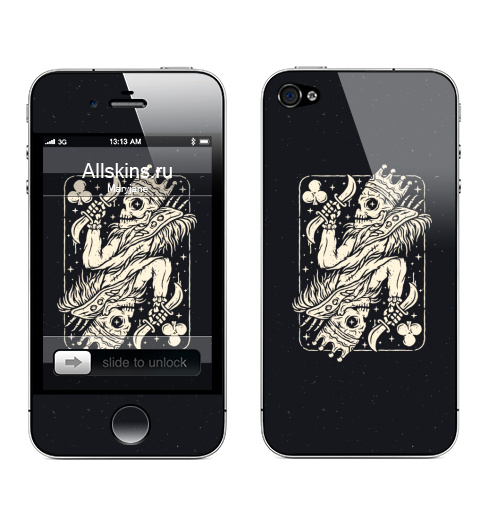 Наклейка на Телефон Apple iPhone 4S, 4 Скелетон Кинг,  купить в Москве – интернет-магазин Allskins, скелет, череп, карты, черное и белое, олдскулл, татуировки, иллюстация, зомби, хэллоуин